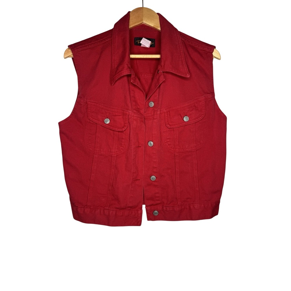 Sz L Team Tactics Red Denim Vest Vintage Y2K Button Front‎ USA